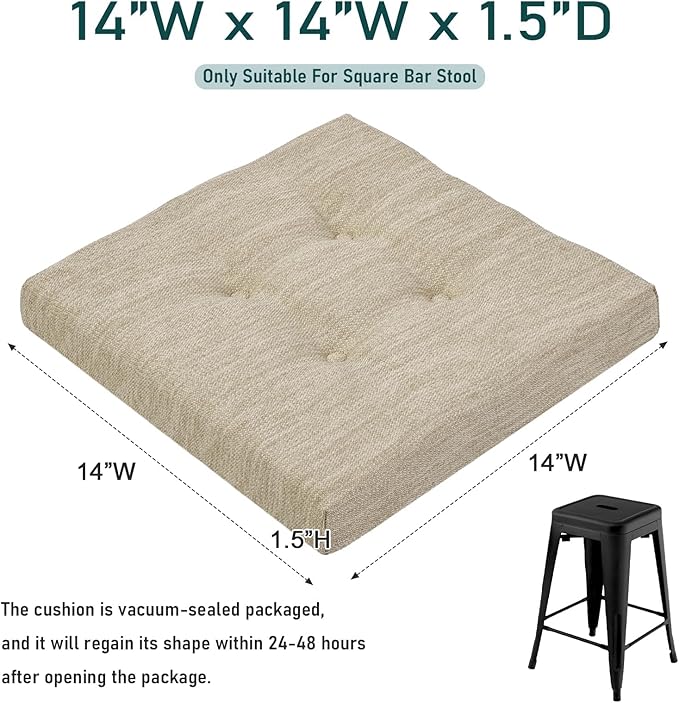 baibu 14 Inch Memory Foam Square Seat Cushion Set of 2, Dual-Layer Design Bar Stool Square Seat Cushion with Ties- 2 Pads Only, Beige (14" (35CM))
