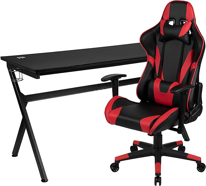 EMMA + OLIVER Black/Red Gaming Desk Bundle - Cup/Headset Holder/Mouse Pad Top