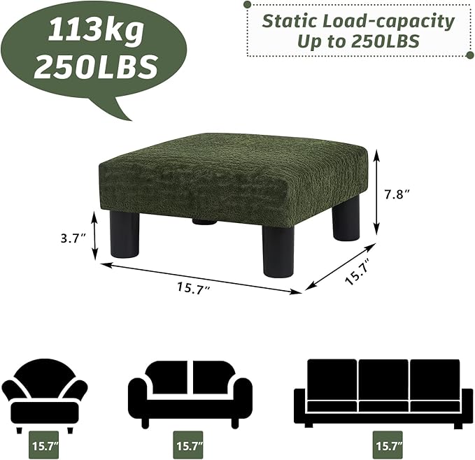 Joveco Small Foot Rest Stool Ottoman, 3D Velvet Square Upholstered Footstool for Chair, Under Desk, Office, Living Room, Deep Green