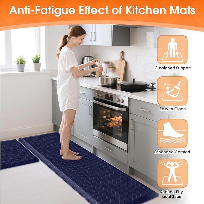 TranquilRelax 4/5 Inch Thick Anti-Fatigue Kitchen Mats 2Pcs, Cushioned Non-Slip Waterproof Sink & Stove Floor Mats, Comfortable Standing Rug Set for Kitchen, Laundry & Entryway, Blue