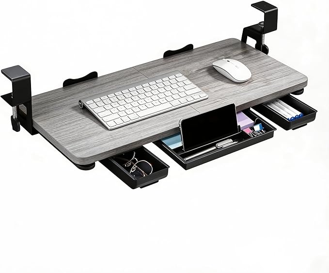 Keyboard Tray Under Desk with Drawer,26.77" X 11.81" Keyboard Tray Large Size with C Clamp-on Mount, Easy to Install, Save Space for Office Desk (Grey)