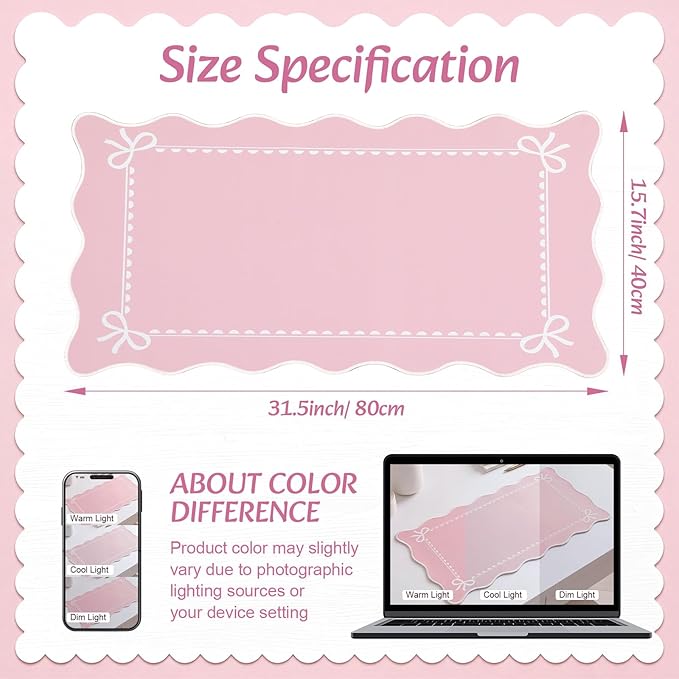 Scalloped Bow Desk Mat Cute Coquette Large Mouse Pad Kawaii Cottagecore ‌Vintage‌ Rustic Keyboard Pad Nonslip 2026 Graduation Gift with Stitching Waterproof Gaming(Pink)