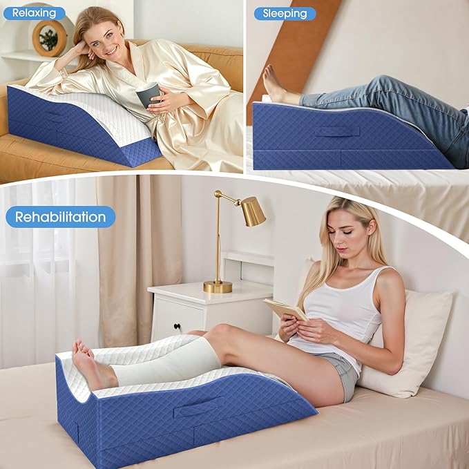 TranquilRelax Elevation Pillows for Leg After Surgery, Memory Foam Adjustable Wedge Pillow for Injury or Rest, Ankle Pillow for Sleeping Blood Circulation, Blue/Double Leg