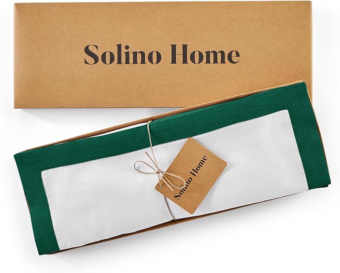 Solino Home Linen Cloth Placemats Set of 4-100% Pure Linen Rainforest and White Placemats 14 x 19 Inch - Classic, Handcrafted and Machine Washable