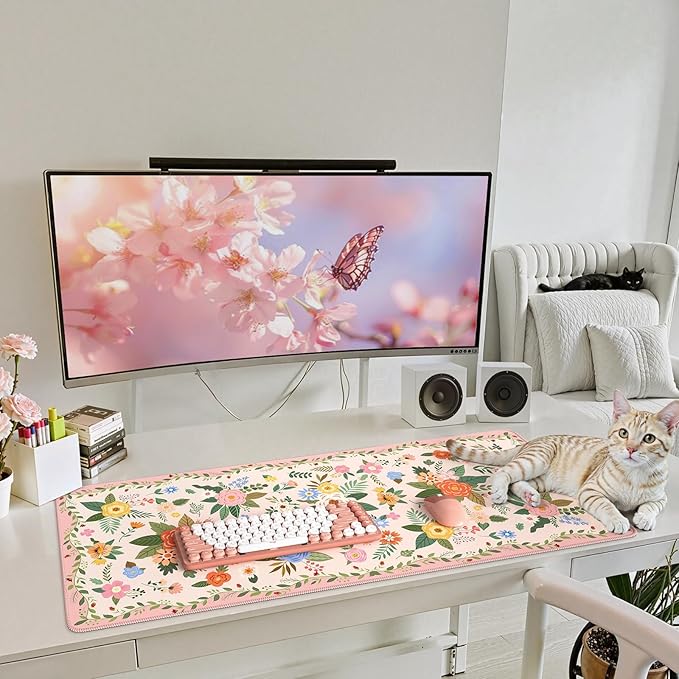 iCasso Floral Desk Mat for Keyboard and Mouse,Cute Gaming Mouse Pad XXL,Anti-Slip Desk Matt for Desktop,Soft Lycra Surface Computer Mat Women,Girly Big Mousepad for Home Office (Pink Floral)