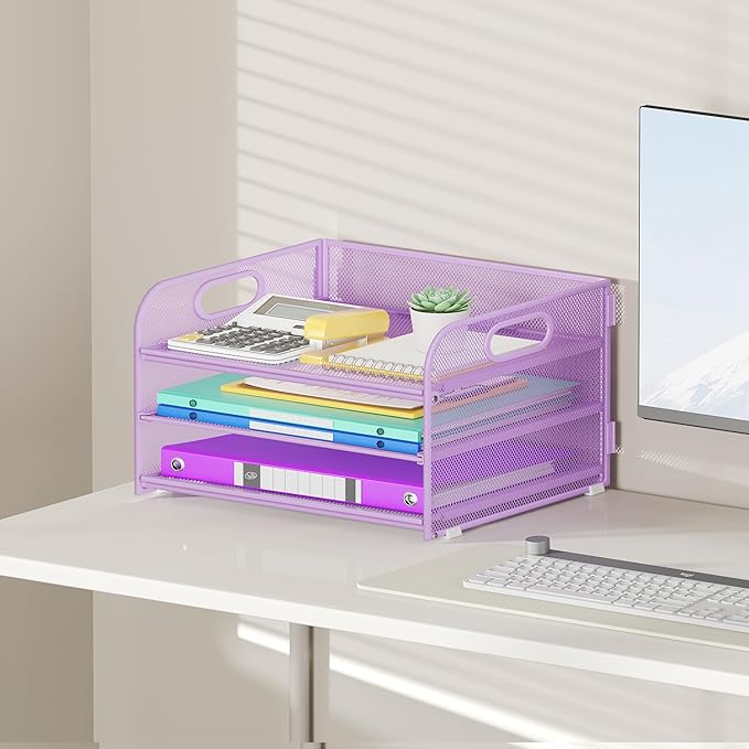 Cawukege 3 Tier Paper Organizer with Handle, Metal Desk Organizer Mesh Paper Letter Tray Desktop File Folder Document Sorter for Classroom, School, Office Accessories Storage (1, Purple)
