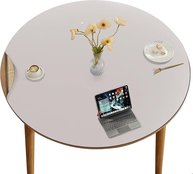 CENNBIE 54 Inches Round Table Pad - Cork & Leather Table Mat - Suitable as Side Dining Coffee Table Cover Protector - Can Be Cut to Fit (42"-54", Cream)