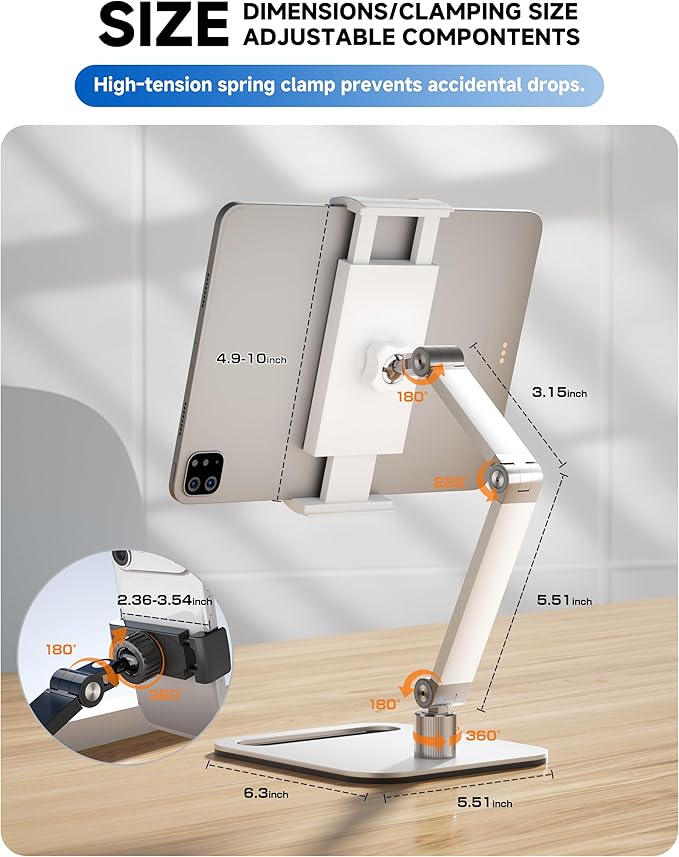 Portable Monitor Stand Holder for 15.6'',17.3'', Tablet Stand Holder for iPad, Aluminum Alloy Foldable Arm Mount with 360° Swivel Desk Mount Compatible with 4.7-17.3inch Tablet (White)