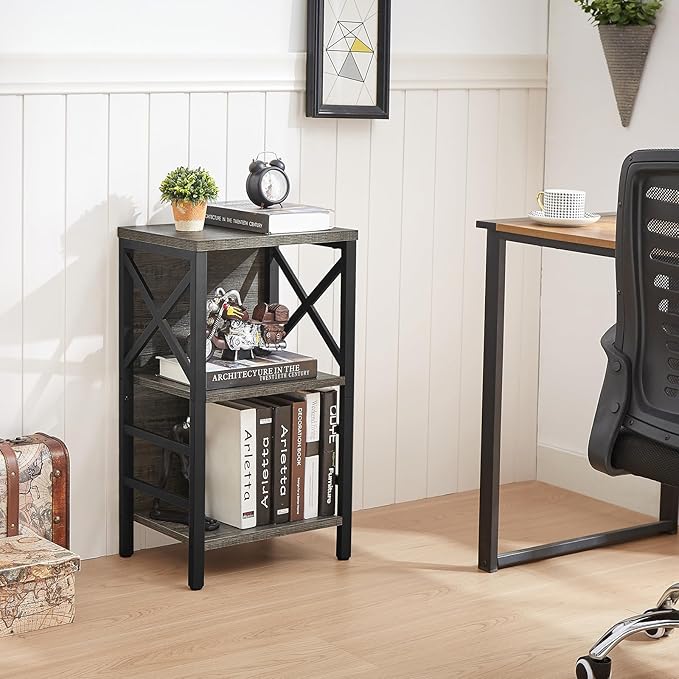 MNEETRUNG Small Bookcase,3 Tier Industrial Bookshelf with Metal Frame and Backboard,Low Grey Book Shelf,Book case for Small Spaces,Living Room,Bedroom and Home Office