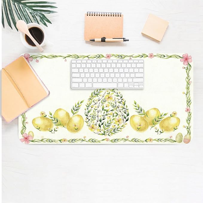 Green Leaves Mouse Pad PU Leather Eggs Desk Mat Large Waterproof Gaming Pad Non-Slip Keyboard Mouse Pad Writing Pad for Gamer Office&Home