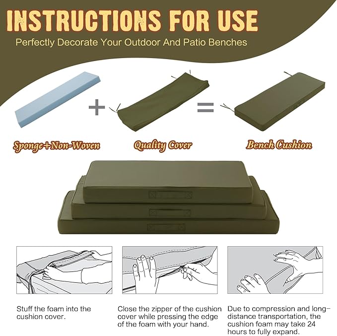 Outdoor Bench Cushion Waterproof with Memory Foam,Patio Bench Cushions for Outdoor/Indoor Furniture Porch Swing Cushion with Handle and Adjustable Strap,Sage Green,42x18 Inch