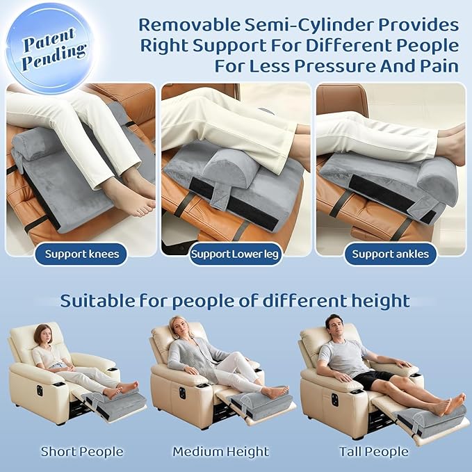 Recliner Foot Rest Cushion - Recilner Leg Rest Cushion with Removable Semi-Cylinder for Superior Support, Adjustable Recliner Foot Rest Extender, Recilner Leg Pillow with 2 Straps, Grey