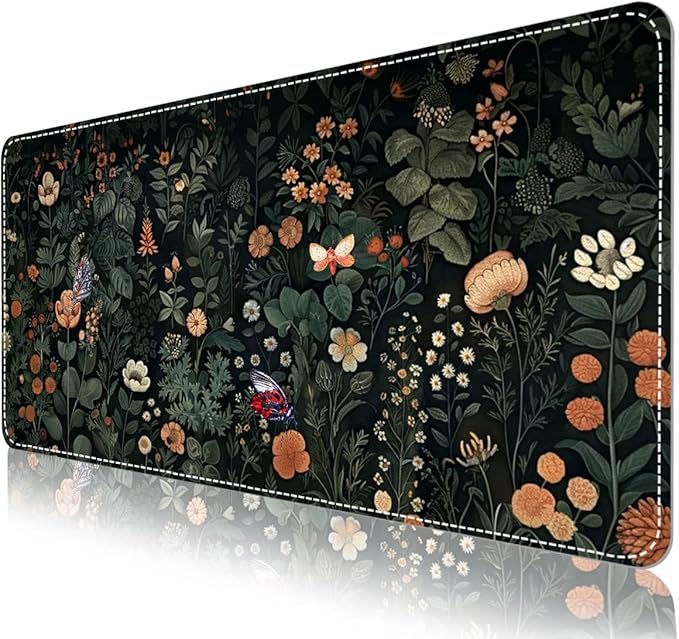 DINKY Leather Desk Mat, XXL Large Gaming Mouse Pad, Extended Desktop Decor Desk Pad, 35.4" x 15.7" Cute Floral Mouse Mat for Laptop, Keyboard, Vintage Flowers