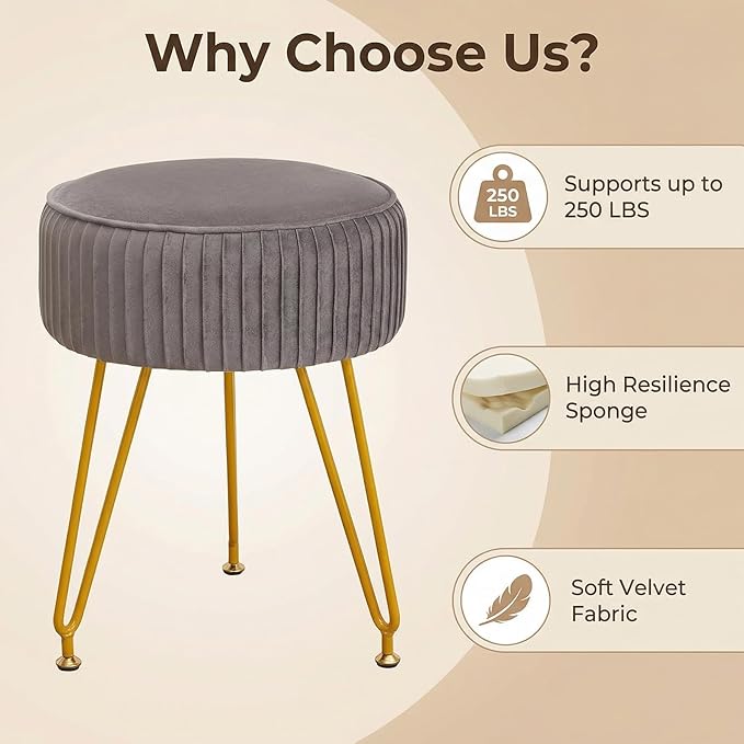 Velvet Vanity Stool Chair, Modern Ottoman Foot Rest Stool with Adjustable Golden Legs, Makeup Chair for Vanity, Multifunctional Makeup Stool for Vanity, Small Vanity Chair for Bedroom, Grey