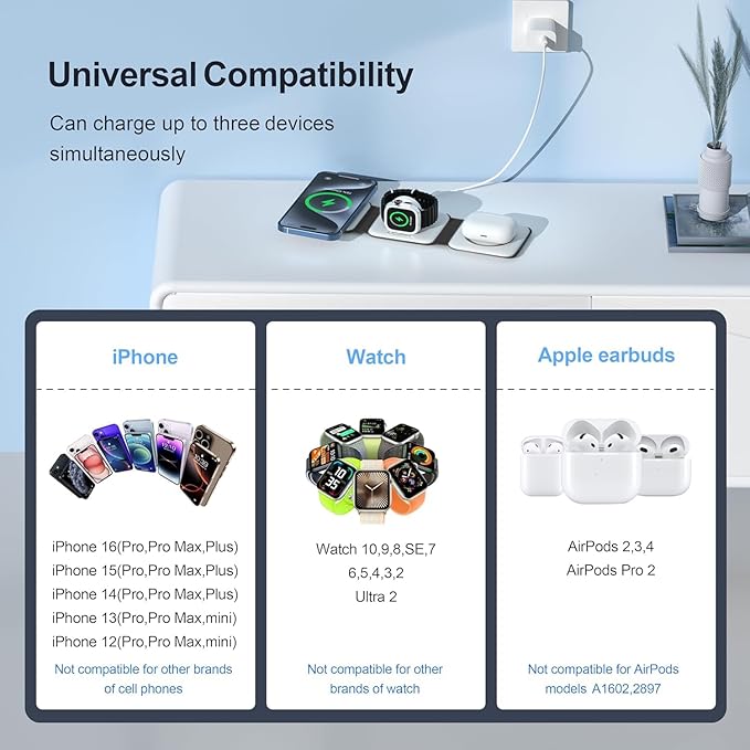 3 in 1 Charging Station for Multple Devices,Foldable 3 in 1 Wireless Charger for Travel,Nano Wireless Charging Station for iPhone16 15 14 13 12 Pro Max/Watch 10 9 8 7 6 5 4 3 Ultra/AirPod Pro