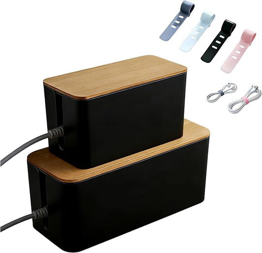 1Large+1Small Cable Organizer Set with 4 Silicone Cable Ties, 2-Piece Cable Management Box, Bamboo Lid Cord Organizer for Home Office,Set of Two Cable Box,Cable Organizer Box(Bamboo lid/Black)