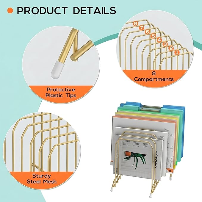 Incline Sorter Desk File Organizer, Metal Desk Magazine Folder Holder with 8-Section Vertical Compartments Rack File Organizer for Office, Home, School (2, Gold)
