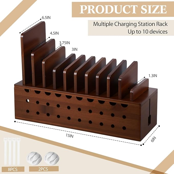 Bamboo Charging Station for Multiple Devices, Cell Phone Docking Charging Station Organizer and Cord Organizer for 10 Devices for Power Strip Storage, Phones and Tablets(Brown)