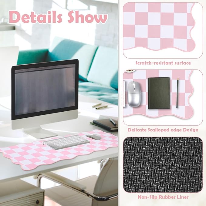 Copkim 1 Pcs Pink Scalloped Checkered Desk Mat 31.5 x 11.8 Inch Large Cute Mouse Pad Computer Mat Non Slip Waterproof Rubber Base with Border Stitching Soft Keyboard Pad for Home Office Gaming Makeup