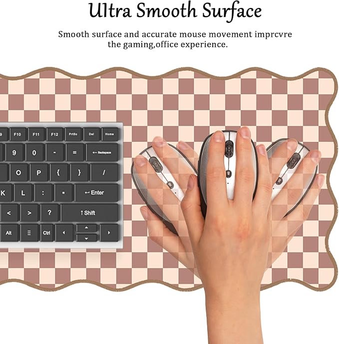Scalloped Desk Mat Extended Large Cute Mouse Pad Big Desk Pad XXL Aesthetic Kawaii Plaid Mousepad Checkered Mouse Pad for Keyboard Computer Laptop Home Office Accessories Girl 31.5X15.7Inch Brown