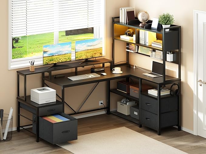 RALGEND 75" L Shaped Gaming Desk with Hutch, L Shaped Desk with Drawers, LED Light, Power Outlets & Pegboard, Corner Desk with Storage Shelves & Monitor Stand for Home Office, Black