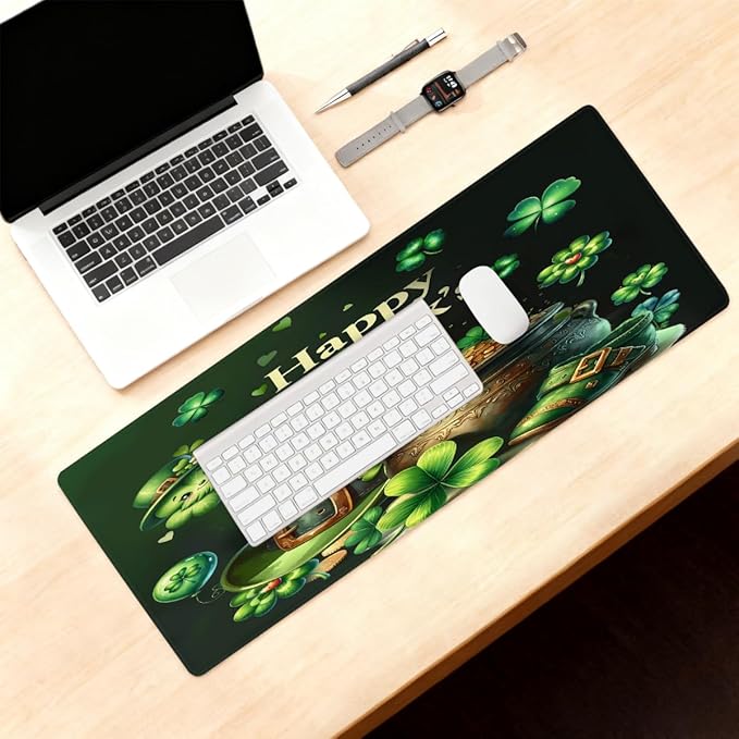 Large Mouse Pad Non-Slip Rubber St Patrick Green Long Gaming Desk Mat Big Computer Keyboard Mousepad Waterproof Protector Wristing Pad for Gaming Office Home Decorative 31.5 X 11.8 Inch