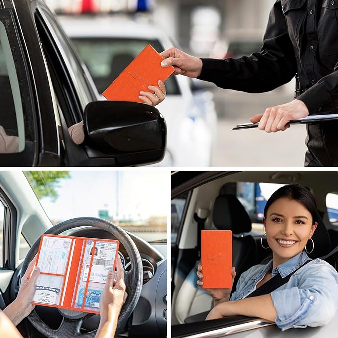 Car Registration and Insurance Card Holder for Women Men, Orange Glove Box Paperwork Organizer with Magnetic Buckle for Easy Access and Protect Documents and Various Cards in Vehicle