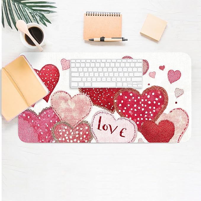 Valentine Desk Mat, Cute Love Heart Large Mouse Pad for Desktop, PU Leather Waterproof Desk Pad, Computer PC Laptop Protector Gaming Mouse Pads Valentine's Day Gifts for Her Him (23.6" x 11.8")