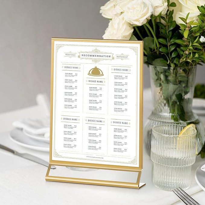 Petallush 8.5 by 11 Gold Acrylic Picture Frame Stands for Display 8PCS, Double Sided Acrylic Wedding Table Number Sign Holder 8.5 x 11, Clear Menu Flyer Paper Holder for Wedding Party Decor