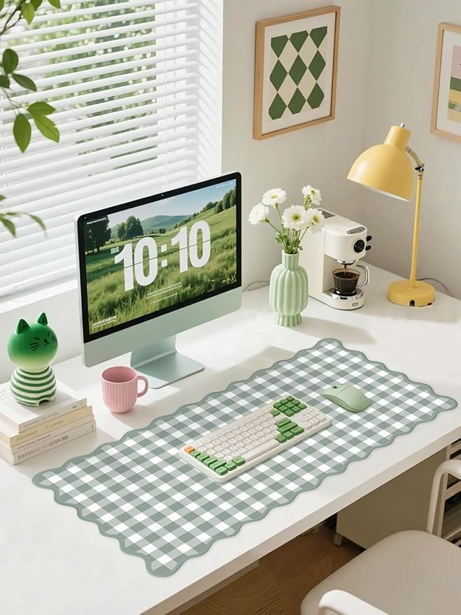 Scalloped‌ Sage Green Checkered Desk Mat Cute Pastel Large Gaming Mouse Pad Gingham Kawaii Cottagecore ‌Vintage‌ Girly Keyboard Computer Mat Aesthetic Desk Pad Accessories Office Decor for Women