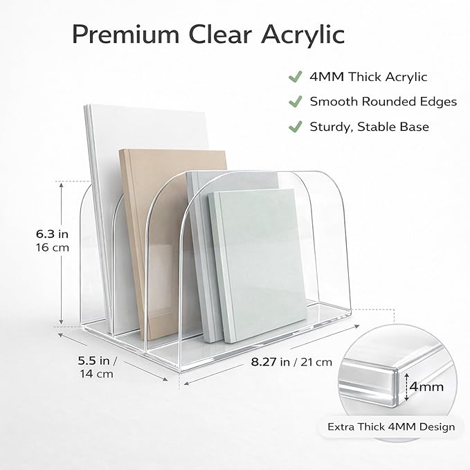 3-Section Vertical file organizer for desk acrylic German-Standard Cast PMMA Heat-Bent Design—Clear & Stable for Long-Term Use Home Office Classroom Family Files Mail