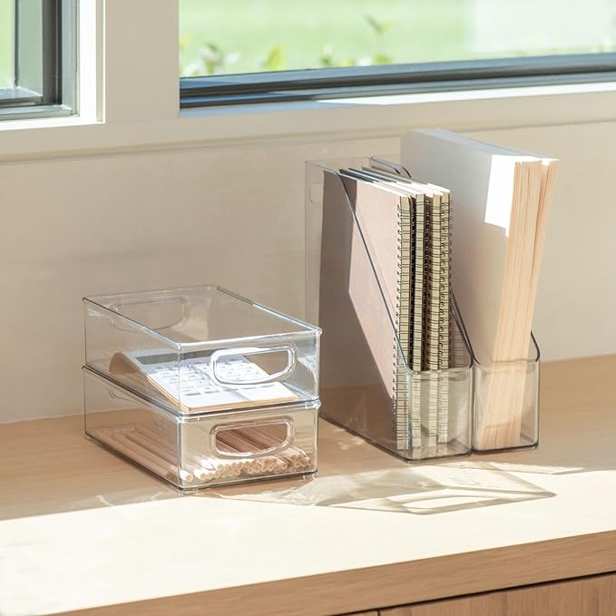 mDesign Plastic Slim Vertical File Folder Storage Organizer Bin with Handle - Hold Notebooks, Binders, Envelopes, Magazines for Home Office, Work Desktops, Ligne Collection, Clear