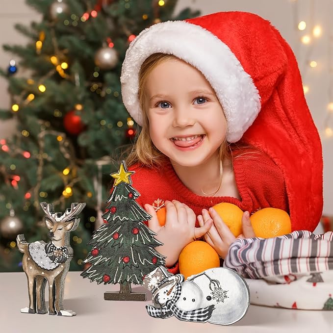 Smile 3 Pcs Wooden Blocks Christmas Signs, Reindeer Tree Snowman Tiered Tray Decorations, for Home Table Shelf.
