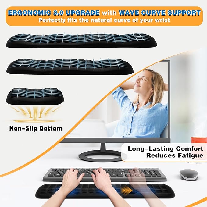 UnivoColors Compact-Sized Keyboard & Mouse Wrist Rest Set-Ergonomic 3.0 Upgrade with Wave Curve Support,Non-Slip Base,Perfect for Work & Gaming(Black)