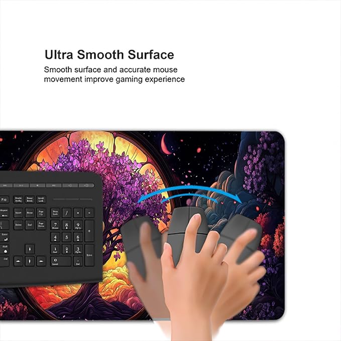 Tree of Life Desk Mat Glass Fantasy Purple Cherry Blossoms Extended Gaming Mouse Pad Mat with Stitched Edge Non-Slip Base Big Mouse Pad 31.5"x11.8" Office Computer Keyboard Laptop Home