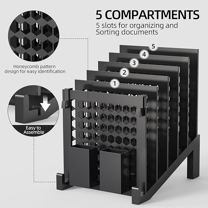 File Organizer for Desk with Storage Box & Hook, Inclined Desk File Organizer with 5-Section Vertical File Holder Suitable for Home Office Document Organization (Black)