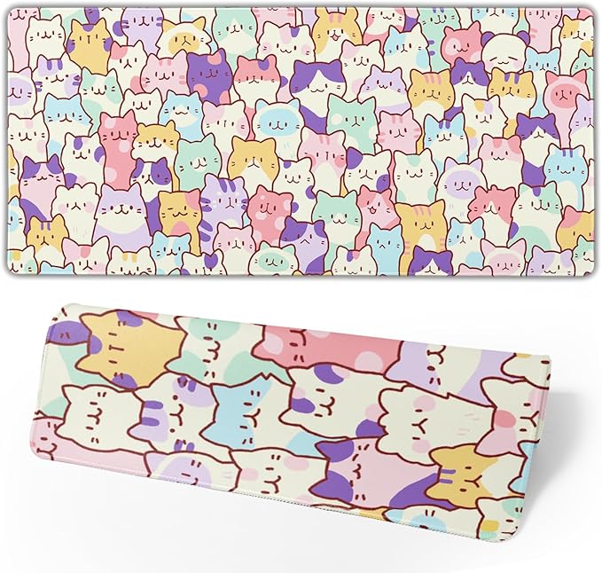 Kawaii Cats Gaming Mouse Pad XL Cute Anime Kittens Japanese Extended Large Desk Mat 31.5”x11.8” Cats Desk Pad for Gamer Non-Slip Rubber Base Stitched Edge Long Keyboard Mousepad for PC Computer Laptop