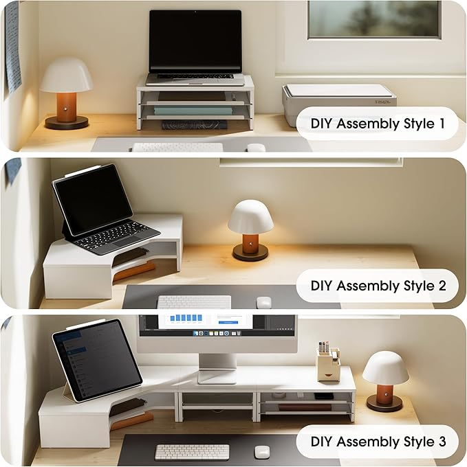 Fenge L Shape Monitor Stand Riser, Corner Triangle Computer Monitor Shelf with Drawers and Slide-out Trays, Wooden Desk Shelf Organizer for Laptop Computer Printer Home Office Desk, Holds up to 132lbs, White