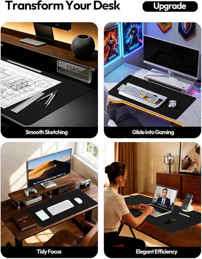 YSAGi Large Extended PU Leather Desk Pad Protector – Non-Slip Waterproof Desk Mat for Office & Home, Easy Clean Mouse Pad & Laptop Writing Blotter 35.4"x17" Black
