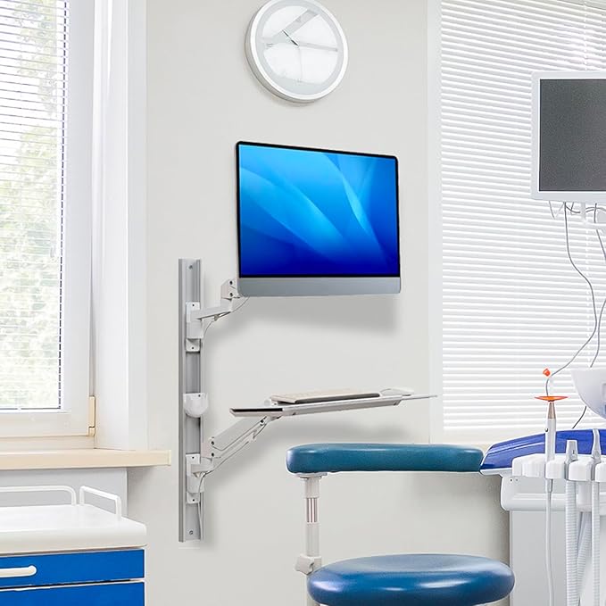 Computer Monitor Arms,White Metal Healthcare Wall Mounting Arm Monitor Stand with Articulating Arm, Keyboard Tray Extension and Mouse Holder for Medical or Dental Clinics, Fits up to 43" Monitor