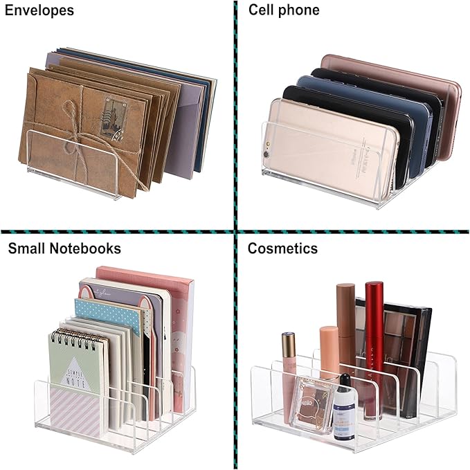 Hipiwe 2-Pack Acrylic File Organizer for Sorting Mail - 5 Slots Letter Sorter Clear Desktop Bill Divider Holder for Paper Envelope Document Book Cash Money Eyeshadow Makeup Palette