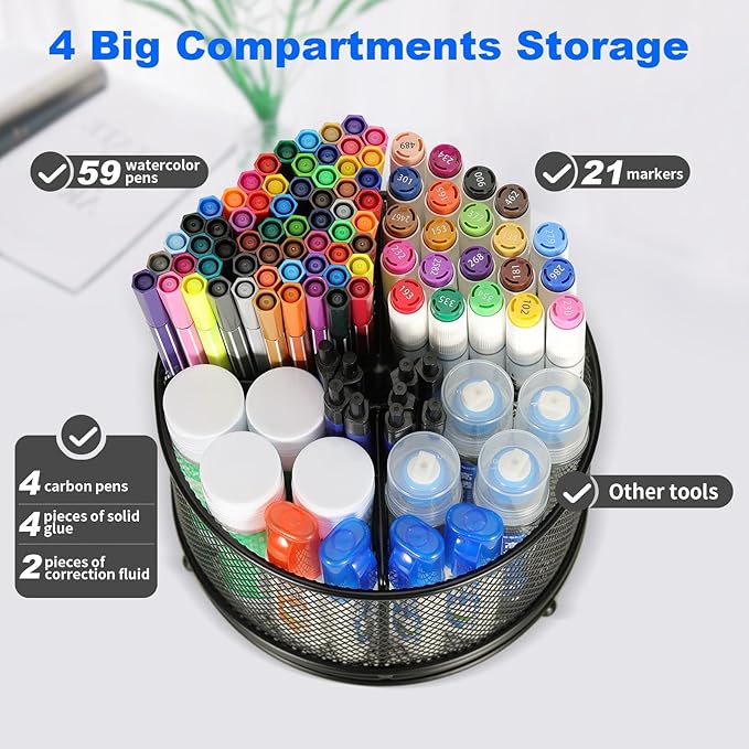 Pen Holder for Desk,360° Rotating Mesh Desk Organizer with Large Capacity 4 Compartments,Multi Functional Desk Accessories and Makeup Brush Holder for Office School Home (Black)
