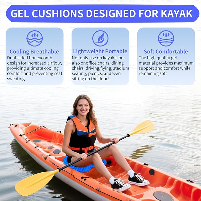 Kayak Seat Cushion - Blue Cooling Gel Kayak Accessory Removable Waterproof Cover | Comfort for Kayak Seats, Fishing, Car seat，Office Chair & Outdoor Use