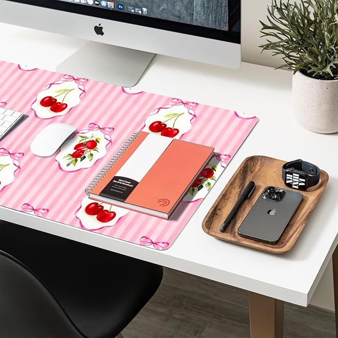 Red Cherry Mouse Pad PU Leather Pink Desk Mat Large Waterproof Gaming Pad Non-Slip Keyboard Mouse Pad Writing Pad for Gamer Office&Home