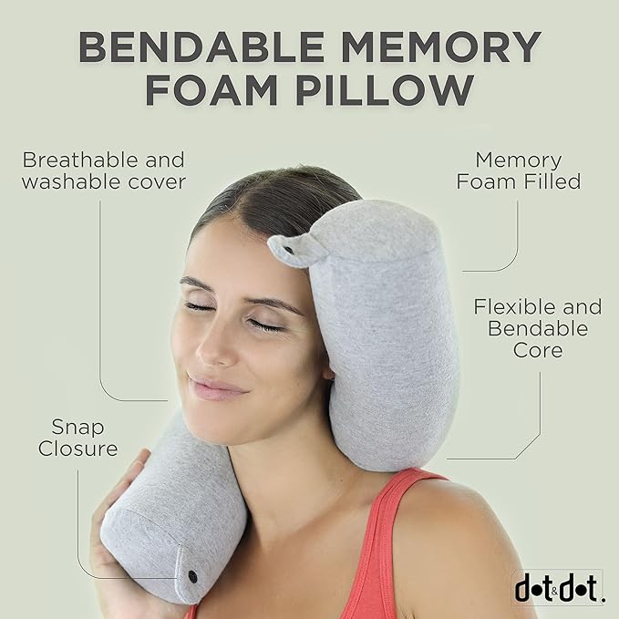 Dot&Dot Twist Memory Foam Travel Pillow for Airplane, Car and Home, Bendable Neck Pillow, Airplane Pillow for Neck Support, Chin, Lumbar and Leg, Adjustable Neck Roll Pillow