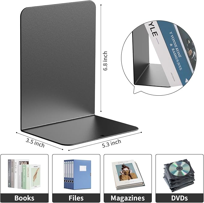 Book Ends, 2 Pieces Metal Bookend for Shelves, Bookends for Heavy Books, Book Holders for Shelves, Desk Organizers, Book Dividers for Office, School, Bookstore, Home