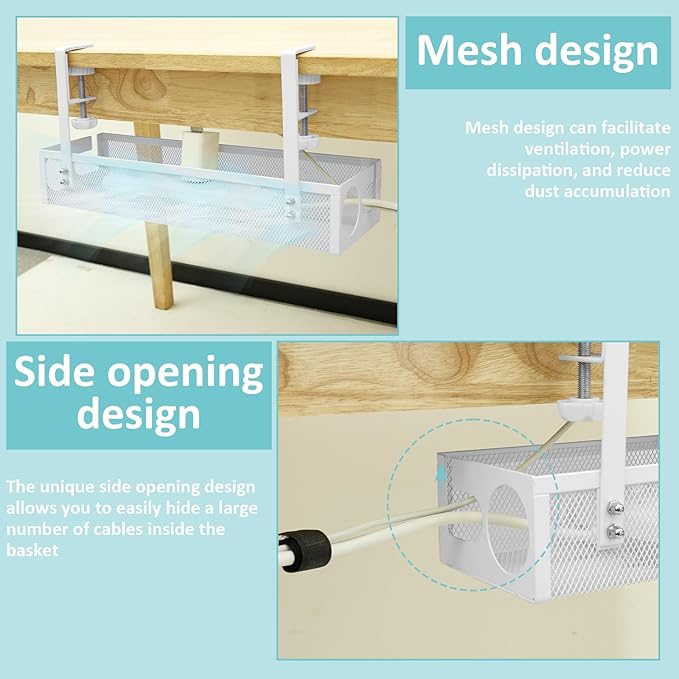 Under Desk Cable Tray, Easy to Install Cable Management Tray, No Drill Under Desk Wire Holder, Space Saving Cord Holder Shelf for Office Home Dormitory(White)