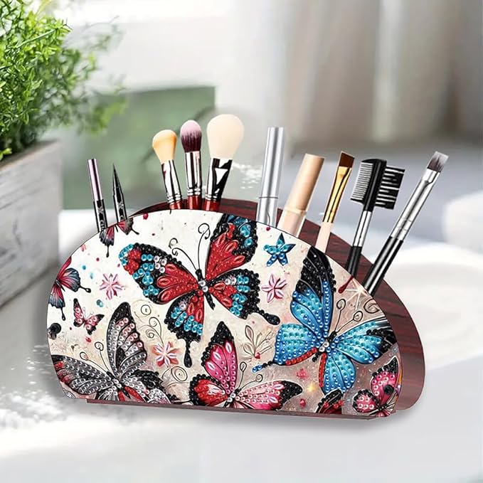 POETRYDRAW DIY Burtterfly Diamond Art Painting Wooden Storage Box – Multi-Grid Moon Fan Makeup Brush Organizer, Double-Sided Drill Tabletop Holder for Women, Office & Home Decoration