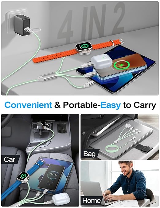 Travel Essentials,Multi Charging Cable for Apple Watch Charger/iPhone Charger/Samsung Charger,USB A & Type C Power Cable for iWatch Ultra/10-2/iPhone 17-11/Samsung S26,Serial Cables,Car[1.5M]-Green