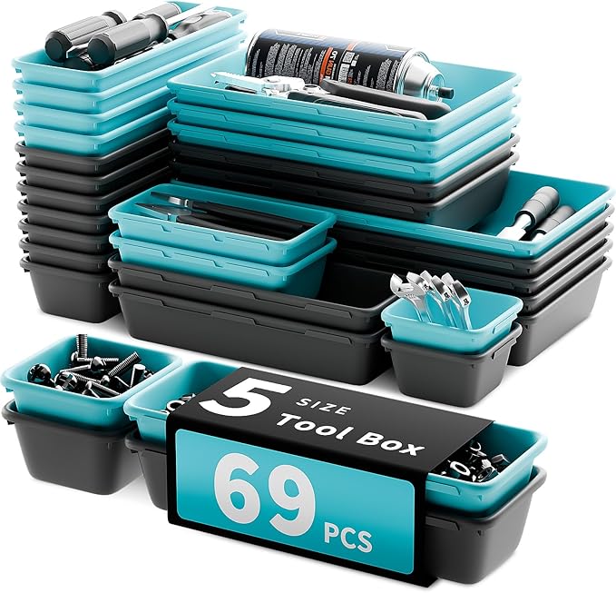 [5 Sizes] [69 PCS] Tool Drawer Organizer, Tool Box Desk Drawer Tray, Rolling Tool Chest, Toolbox Organizer (Black+ Sky Blue)